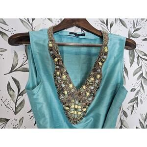 Lafayette 148 Shirt Blue Womens Size 12 Beaded V-Neck